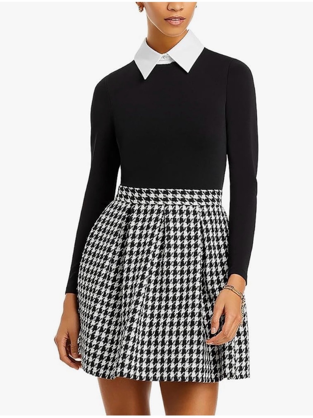 Alice + Olivia Black and White Houndstooth Long-Sleeve Fit-and-Flare Dress